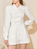 Sweet Beige Playsuits For Women Notched Collar Long Sleeve High Waist Playsuit Female Fashion Clothing Style