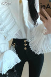 Temperament Tops Fashion White Blouses for Women Chic Flare Sleeve Pointed Collar Shirts Vintage Elegant Blusas De