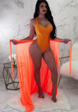 Sexy U Neck Backless Straps Holidays Bodysuit and Long Mesh Beach Cover Up 2 Piece