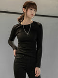 Women Black White Ruffles Fold Slim Casual T-shirt New Round Neck Long Sleeve Fashion Tide Spring Autumn 2023