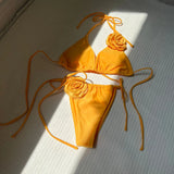 2024 European New Solid-Color Rose Drawstring Split Swimsuit