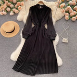 Autumn Purple/Red/Yellow Pleated Dress Women Vintage Stand Collar Puff Sleeve High Waist Draped Vestidos Female Midi Robe