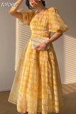 Yellow Print Dresses For Women V Neck Short Sleeve High Waist Folds Elegant Dress Female Summer Fashion Clothing