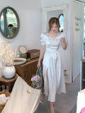 Dress Women A-line Vintage Short Puff Sleeve Summer Woman Dot Print Split Long Chiffon Dress Square Collar Boho