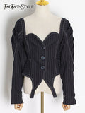 Striped Casual Jacket For Women Square Collar Long Sleeve Slim Short Jackets Female Fashion New Clothing