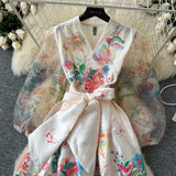 2025 Court Wind V Tie Belt Belt Belt Belt Lantern Sleeve Print Thin Long