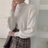 Women Autumn Winter Half Neck Sweater Tops Long Lantern Sleeve Casual Knitted Blouse Fashion Korean Elegant Office Lady
