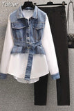 New Elegant Women's Pants Set Fashion Loose Denim Shirt Black Trousers Two Piece Set Leisure Sports