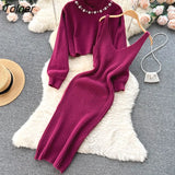 Winter Women Knitted Sets Fashion Breading Long Sleeve Pearl Sweater+Knitted Camis Dress Sets Fashion Sweater