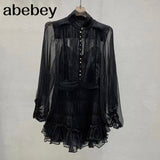 Temperament Fold Pleated Mini Dress For Women V Neck Puff Long Sleeve High Waist Button Slim Mesh Dresses Female 2021