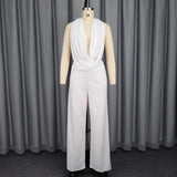 Hanging Neck Deep V Blouse Temperament Fashion Pure White Broad Leg Pants Two-Piece