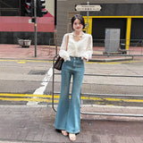 Wash Light Blue High Waist Slim Slim Skinny Micro-Horn Jeans Women Spring And Autumn New Small Horses Hoes Long