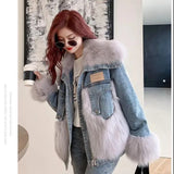 Winter Warm Loose Denim Jacket Women Oversized Fur Collar Plus Velvet Padded Jacket Vintage Cotton Thick Warm Jean