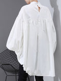 Women Back Long Drawstring Big Size Blouse New Satnd Collar Long Sleeve Loose Fit Shirt Fashion Spring Autumn 2023