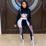 Women Long Sleeve CropTop Slim Outfit Tracksuit 2PCS Set Letter Print High Elastic Skinny Leggings Female