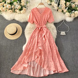 Black/White/Red Polka Dot Irregular Pleated Long Dress Women Vintage V-Neck Short Sleeve Ruffle Vestidos Spring Summer 2021