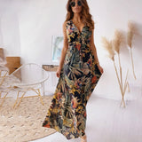 Long Maxi Dress Women 2021 Sexy Sleeveless Print Boho Dress Deep V Neck Vintage Backless Dresses For Women Robe