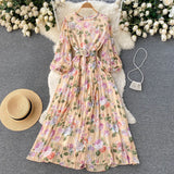 Autumn Bohemian Women Tie Dye Printed Pleated Long Dress Boho O Neck Puff Sleeve High Waist Draped Maxi Vestido