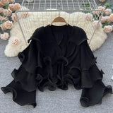Spring Autumn Women Irregular Ruffle Draped Tops Female Elegant V-Neck Flare Long Sleeve Short Tops Vintage Blouse New