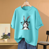 100% Cotton L-5XL Plus Size T Shirt Bunny Print O Neck Tshirt Short Sleeve Women Top Basic Summer Couple Solid T