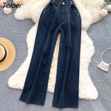 Hole Ripped Jeans Women Autumn High Waist Straight Long Pants Blue Casual High Street Tube Pants Denim Trousers