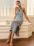 New Women's Holiday Style Hanging Neck Sling Skirt French Temperament Print