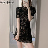Temperament Robe Femme Vintage Slim Sexy Chic Woman Dress O-neck Short Sleeve Lace Black Vestido Femme Bodycon Mini