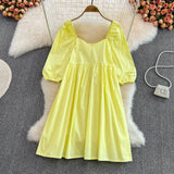 V-neck Loose Lantern Sleeve Mini Dress Fashion Blue Summer Women A-line dress 2022 Solid retro high waist