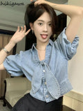 Blouse Women Blusas De Mujer 2023 Chic Short Sleeve Bandage Bow Denim Shirt Y2k Crop Tops Summer Casual Vintage