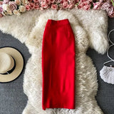 Office Lady Red/Black Pencil Skirt Women Elegant High Waist Split Faldas Female Casual Slim Bodycon Saias OL Autumn New