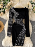 Print Sexy Streetwear Knitted Dress 2022 European Style Long Sleeve Bodycon Winter Women Elastic Sweater Short