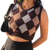 Vintage Print Women Sweaters Autumn New V-Neck Sleeveless Female Knitted Vest Streetwear y2k Top Pullover Casual