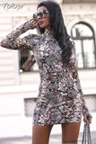 Autumn Winter Long Sleeve Leopard Slim Mini Dress Ladies Stand Collar Sexy High Waist Short Bodcon
