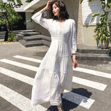 2023 Spring Summer Dress Women Cotton Patchwork Lace Dresses V-Neck Lantern Sleeve Maxi Dress Beach Long Female