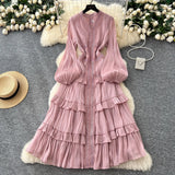 Elegant Temperament Dress Female Heavy Industry Hot Diamond Lace To Receive Waist Thin Lantern Sleeves Side