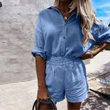 Linen Solid Oversize Women Shorts Set Single-breasted Shirt And Elastic Waist Trousers Ladies Suit Summer Loose