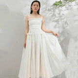 2022 New Summer Strapless Back Hollow Out Square Pleated Slim Big Hem White Temperament Dress Women Fashion