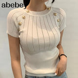 Sleeve O-neck High Quality Knitted T-shirts With Decorated Buttons Girls Stretchy Top Thin Tshirt Summer Tees For