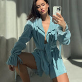Women Clothing 2 Pieces Set Fashion Petal Sleeve Lace-Up Robes Matching Shorts Set Elegant White Pleated Shorts