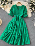 2022 Summer New Lace Embroidery Dress Women Short Sleeves Dresses Female Vintage Party Beach Maxi Long