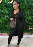 Casual Basic Ribbed V-Neck Slit Long Top and Legging