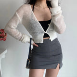 Korean Sexy See Through Cropped Cardigan Women Thin Hollow Out Knitted Cardigans Long Sleeve V-neck Sweater Crop