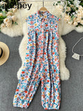 Vintage Print Jumpsuits Autumn Turn Down Collar Sleeveless Rompers Korean Chic Streetwear Wide Leg