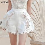 Desert Vacation Lace 2 Piece Sets Women Hook Flower Hollow Elegant Party Tops + Wide Leg Shorts Ladies Sleeveless