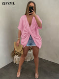 Front Draped Baggy Basic T-shirts for Women Simple Plunge V-neck Short Sleeve Tops Casual Summer Solid Irregular