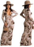 Print V-Neck Long Sheath Dress with Full