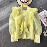 Court Style Super Fairy Collar Layer Lotus Edge Eugen Yarn Perspective Single Buckle Shirt Female Gas