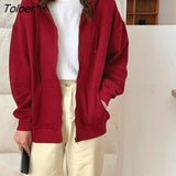 Pure Color Red Purple Zip-up Hoodies Women Fashion Casual Hooded Female Sweatshirt Autumn Thin Streetwear Girls
