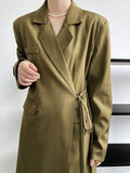 Women Green Bandage Big Size Long Blazer New Lapel Long Sleeve Loose Fit Jacket Fashion Tide Spring Autumn 2023