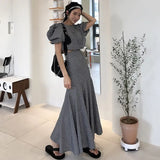 New Summer Women fashion Sexy Plaid Puff short sleeve shirt + Bodycon Long mermaid Skirt Sets 2 Pieces Sets Casual Suit